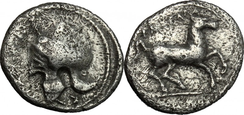 Sicily. Entella. AR Hemidrachm, c. 404-368 BC. D/ Helmet. R/ Horse prancing righ...