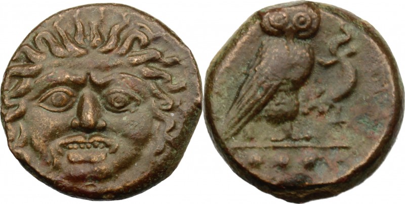Sicily. Kamarina. AE Tetras, c. 420-405 BC. D/ Facing gorgoneion. R/ [KAMA]. Owl...