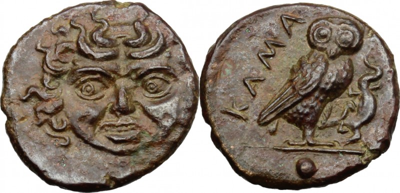 Sicily. Kamarina. AE Onkia, c. 420-405 BC. D/ Facing gorgoneion. R/ KAMA. Owl st...