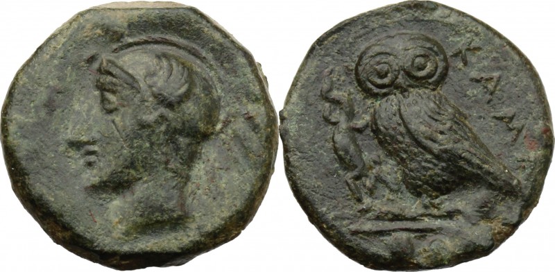 Sicily. Kamarina. AE Tetras, c. 420-405 BC. D/ Helmeted head of Athena left. R/ ...