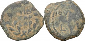 Judaea.  Valerius Gratus, Procurator (15-26 AD).. AE Prutah, in the name of Tiberius, Jerusalem mint