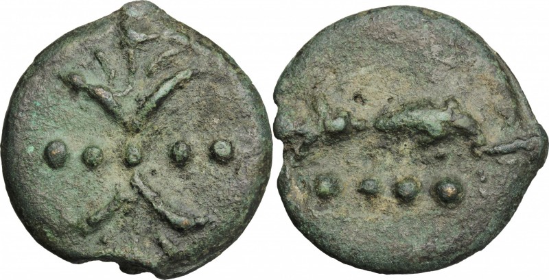 Dioscuri/Mercury series. AE Cast Triens, c. 275-270 BC. D/ Thunderbolt; on eithe...