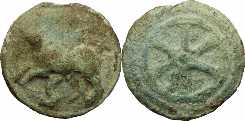 Roma/Wheel series. AE Cast Semis, c. 230 BC. D/ Bull leaping left; S below. R/ W...
