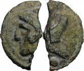Janus/prow to right libral series.. Halved AE Cast Quadrans, c. 225-217 BC