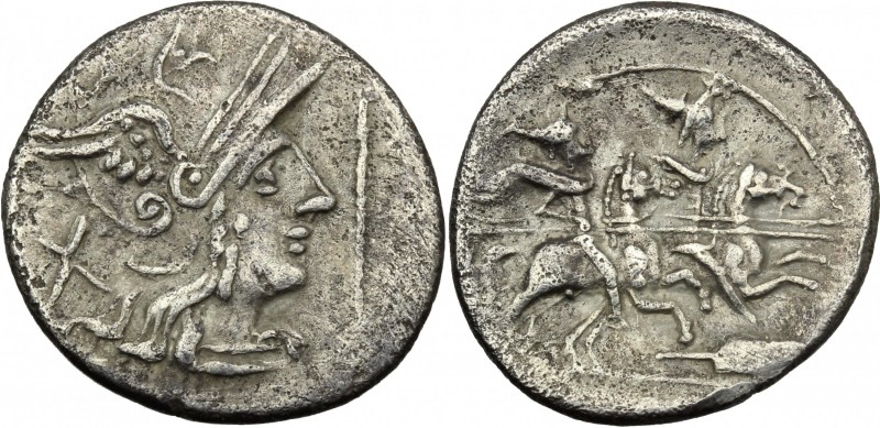 Staff and feather series. AR Denarius, c. 206-200 BC. D/ Helmeted head of Roma r...