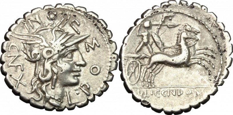 L. Pomponius Cn. f. AR Denarius serratus, 118 BC. D/ Helmeted head of Roma right...