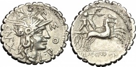 L. Pomponius Cn. f. . AR Denarius serratus, 118 BC