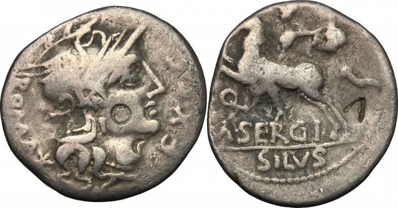 M. Sergius Silus. AR Denarius, 116-115 BC. D/ Helmeted head of Roma right; befor...