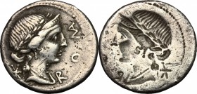 Mn. Aemilius Lepidus.. AR Brockage Denarius, 114 or 113 BC