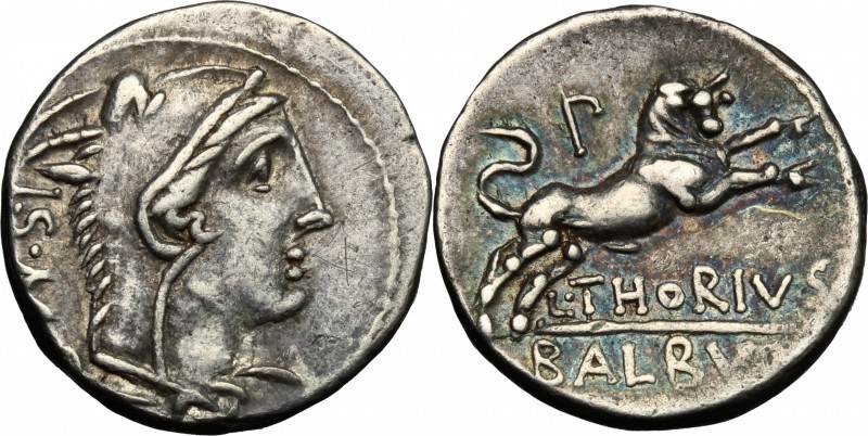 L. Thorius Balbus. AR Denarius, 105 BC. D/ Head of Juno of Lanuvium right, weari...