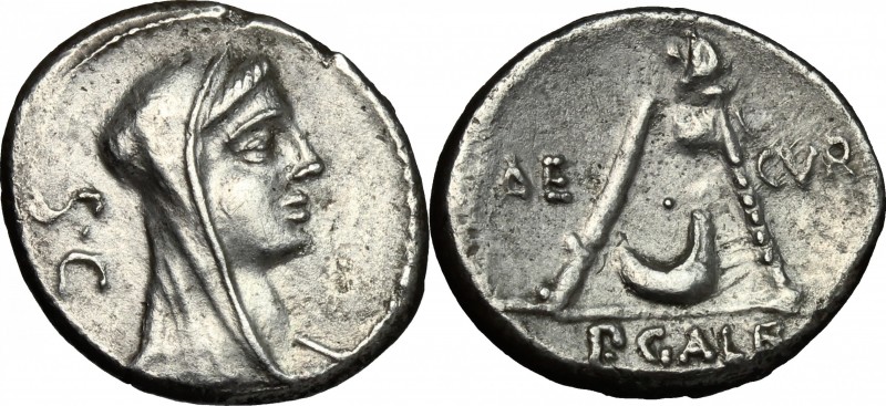 P. Sulpicius Galba. AR Denarius, 69 BC. D/ Veiled head of Vesta right; behind, S...