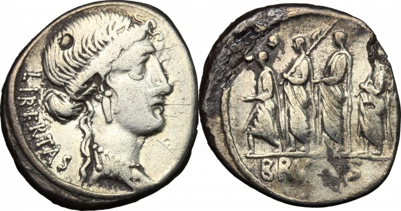 M. Junius Brutus. AR Denarius, 54 BC. D/ LIBERTAS. Head of Libertas right. R/ Th...