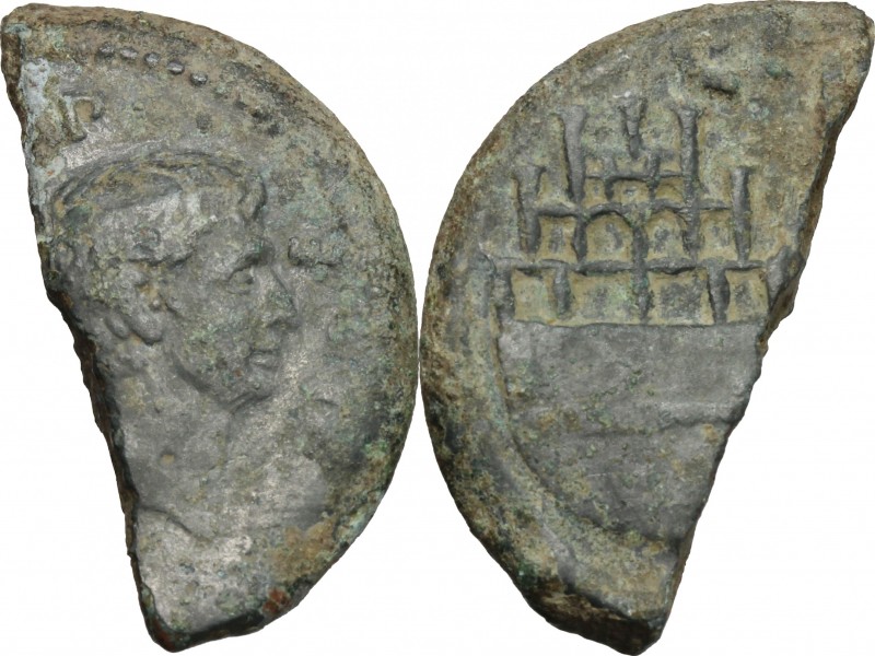 Octavian, with Julius Caesar. Halved AE Dupondius, Vienna mint, c. 36 BC. D/ [I]...