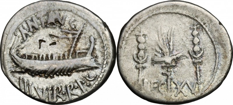 Mark Antony. AR Denarius, 32-31 BC. D/ ANT. AVG III VIR. R. P. C. Praetorian gal...