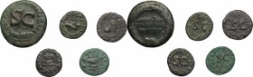 Augustus (27 BC - 14 AD)  . Multiple lot of five (5) unclassified AE coins, including: AE As, C. Asinius Gallus moneyer, 16 BC, 2 AE Quadrantes, Lamia...