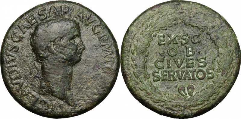 Claudius (41-54). AE Sestertius, 41-42 AD. D/ TI CLAVDIVS CAESAR AVG PM [...]. L...