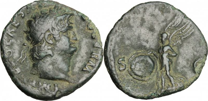 Nero (54-68). AE As, Rome mint. D/ IMP NERO CAESAR AVG GERM. Laureate head right...