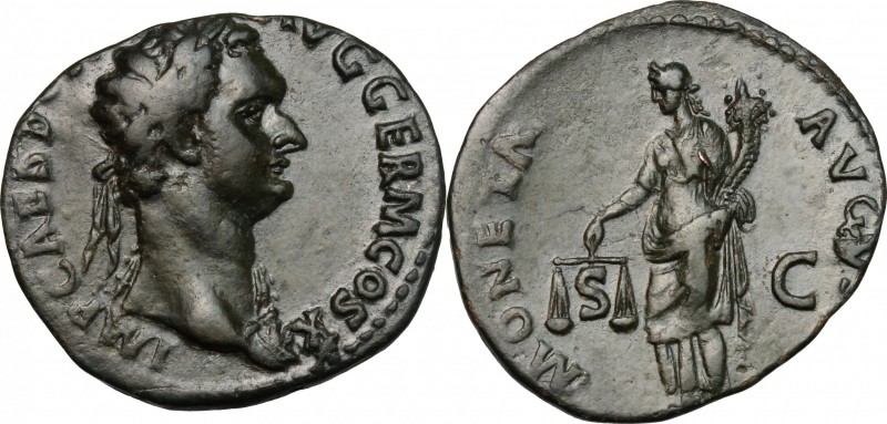 Domitian (81-96). AE As, 84 AD. D/ IMP CAES D[OMITIAN] AVG GERM COS X. Laureate ...