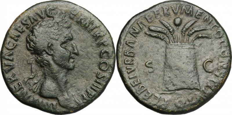 Nerva (96-98). AE Sestertius, 97 AD. D/ IMP NERVA CAES AVG PM TR P COS III PP. L...