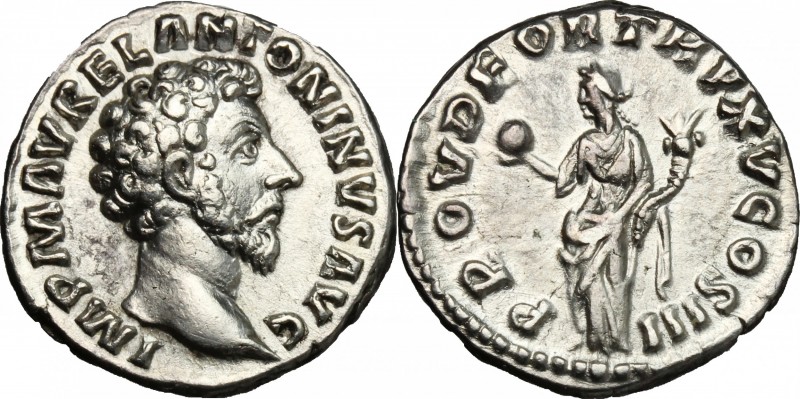 Marcus Aurelius (161-180). AR Denarius, 161 AD. D/ IMP M AVREL ANTONINVS AVG. Ba...