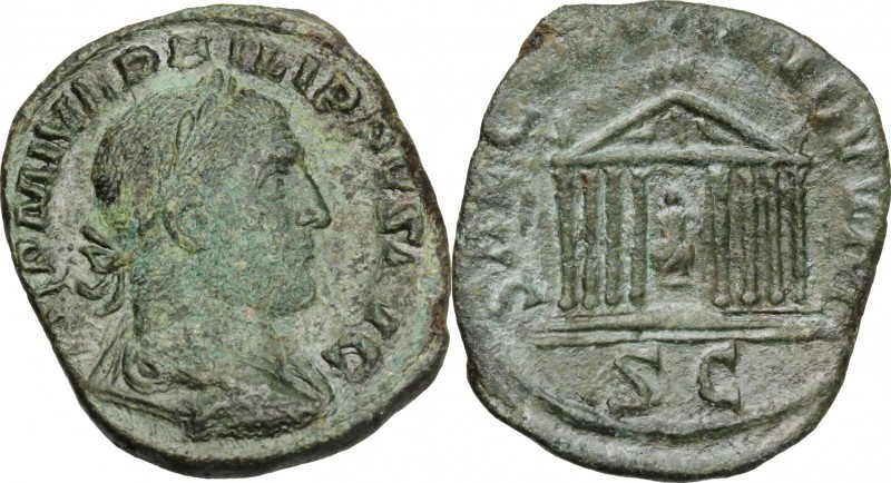 Philip I (244-249). AE Sestertius, 249 AD. D/ IMP M IVL PHILIPPVS AVG. Laureate,...