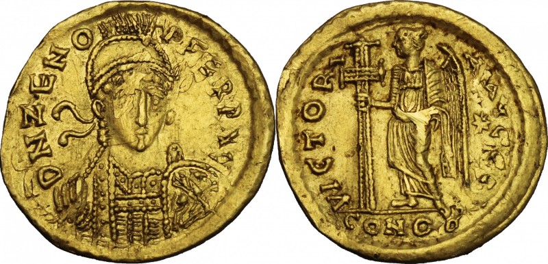 Zeno (474-491). AV Solidus, Constantinople mint. D/ DN ZENO PERP AVG. Pearl-diad...