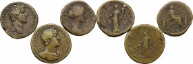 Roman Empire.. Multiple lot of three (3) unclassified AE Sestertii of Hadrian, Marcus Aurelius (holed) and Lucilla