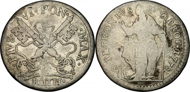 Bologna. Pio VI (1775 -1799). Muraiola da 4 bolognini 1778. CNI 61. M. 238. Berm...