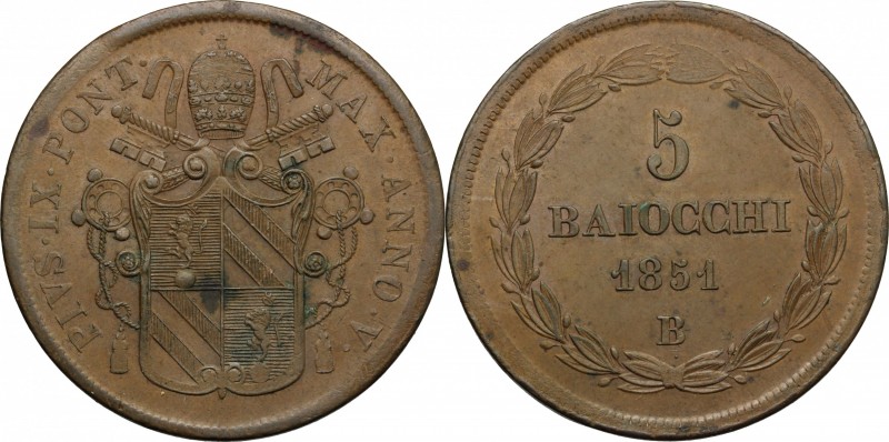 Bologna. Pio IX (1846-1878). 5 baiocchi 1851 A. V. Pag. 297. Mont. 251. AE. g. 3...