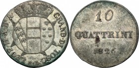 Firenze.  Leopoldo II di Lorena (1824-1859). 10 quattrini 1826. Sigle N. (Giuseppe Niderost, incisore) e monti araldici (Cosimo Ridolfi, zecchiere)