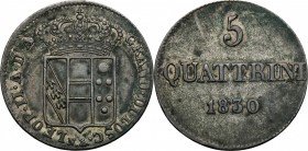 Firenze.  Leopoldo II di Lorena (1824-1859). 5 quattrini 1830. Sigla N. (Giuseppe Niderost, incisore) e monti araldici (Cosimo Ridolfi, zecchiere)