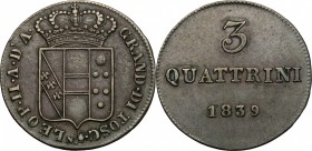 Firenze.  Leopoldo II di Lorena (1824-1859). Da 5 quattrini 1839. Sigla N. (Giuseppe Niderost, incisore) e fiasca (Domenico Fiaschi, zecchiere)
