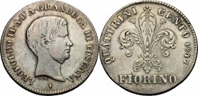 Firenze.  Leopoldo II di Lorena (1824-1859). Fiorino 1847. Sigle G. N. (Giuseppe Niderost, incisore) e fiasca (Domenico Fiaschi, zecchiere)