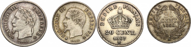 France. Second Empire (1852-1870). 20 centimes 1860 and 1867, Strasbourg mint. G...