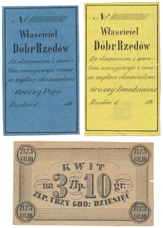 Rzędów, blankiety 5 i 20 gr 186... + Facsimile bonu 3 zł 10 gr (3szt)
 Kwit na ...