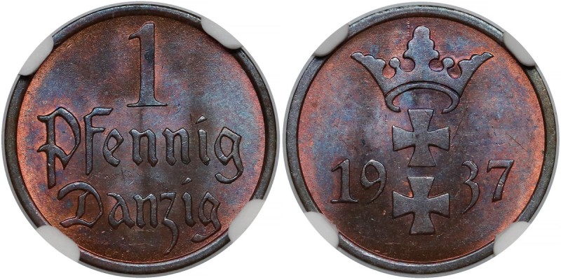 Gdańsk, 1 fenig 1937
 

Grade: NGC MS64 BN 
Reference: Parchimowicz 53 e