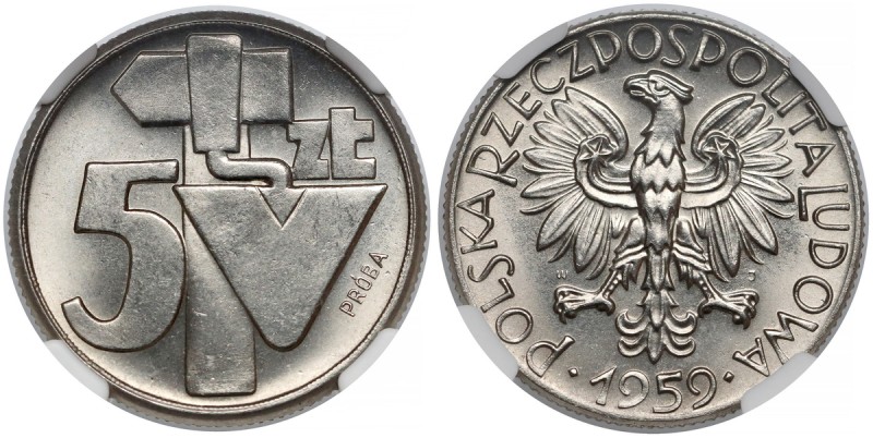 Próba NIKIEL 5 złotych 1959 - młot i kielnia
 Jedna z próbnych pięciozłotówek 1...