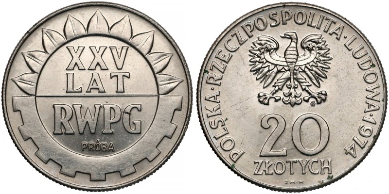 Próba NIKIEL 20 złotych 1974 XXV lat RWPG - gładkie
 Nakład 500 sztuk (NBP), 54...