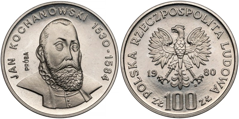 Próba NIKIEL 100 złotych 1980 Jan Kochanowski - duża głowa
 Piękny, w lekko nie...