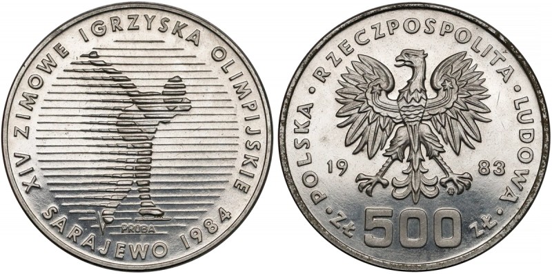 Próba NIKIEL 500 złotych 1983 Sarajewo
 Drobne skaleczenie na rewersie, z lewej...