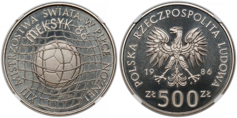 Próba NIKIEL 500 złotych 1986 MŚ w Piłce Nożnej Meksyk
 Nakład 500 sztuk (NBP, ...