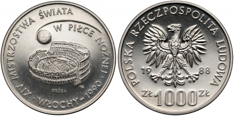 Próba NIKIEL 1.000 złotych 1988 MŚ w Piłce Nożnej Włochy
 Nakład 500 sztuk (NBP...