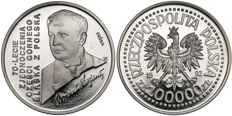 Próba NIKIEL 100.000 złotych 1992 Wojciech Korfanty
 Wyraźna plamka poniżej nap...