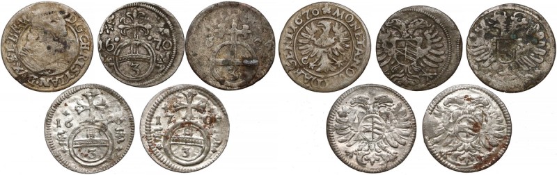 Śląsk, Leopold I, Greszle 1624-1705 + krajcar Chrystiana (5szt)
 W zestawie brz...