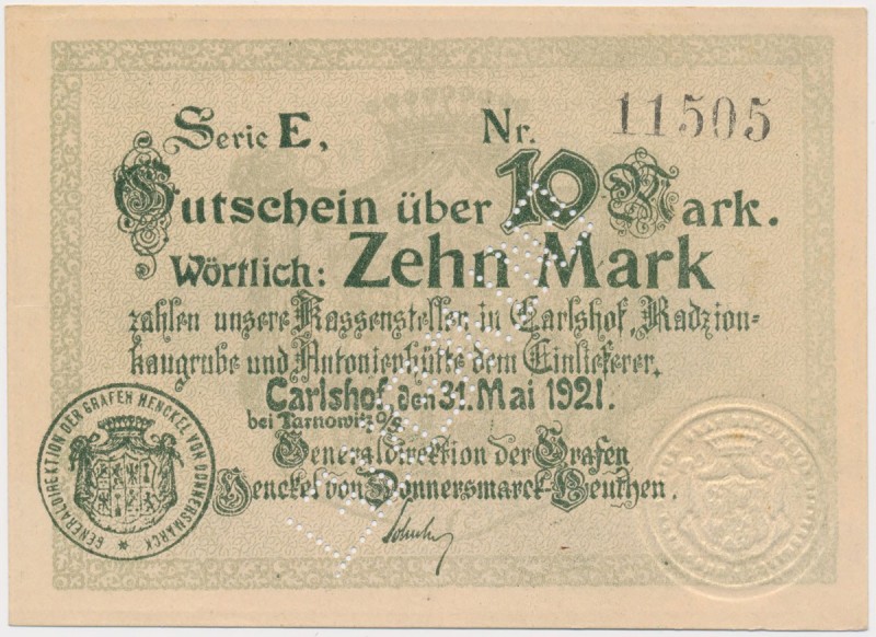 Carlshof (Karłuszowiec), 10 mk 1921 perforacja ENTWERTET
 

Grade: UNC/AU