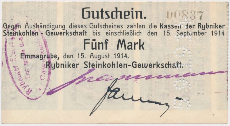 Emmagrube (Radlin), Rybniker Steinkohlen-Gewerkschaft, 5 mk 1914
 

Grade: UN...