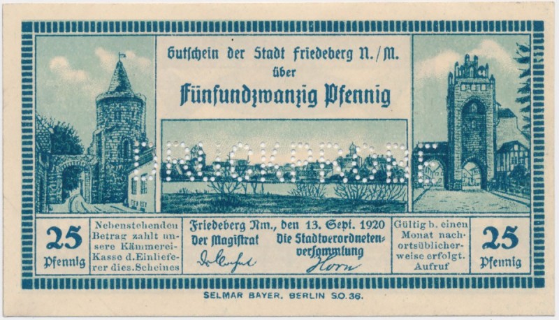 Friedeberg Nm. (Strzelce Krajeńskie), 25 pfg 1920 perforacja DRUCKPROBE
 Perfor...