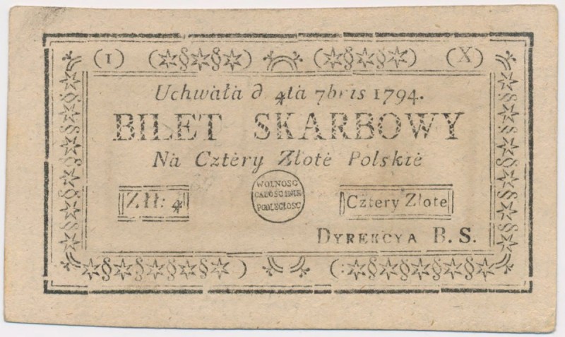 4 złote 1794 - (I)(X)
 Lekko zaokrąglone narożniki.&nbsp; 

Grade: XF+ 
Refe...