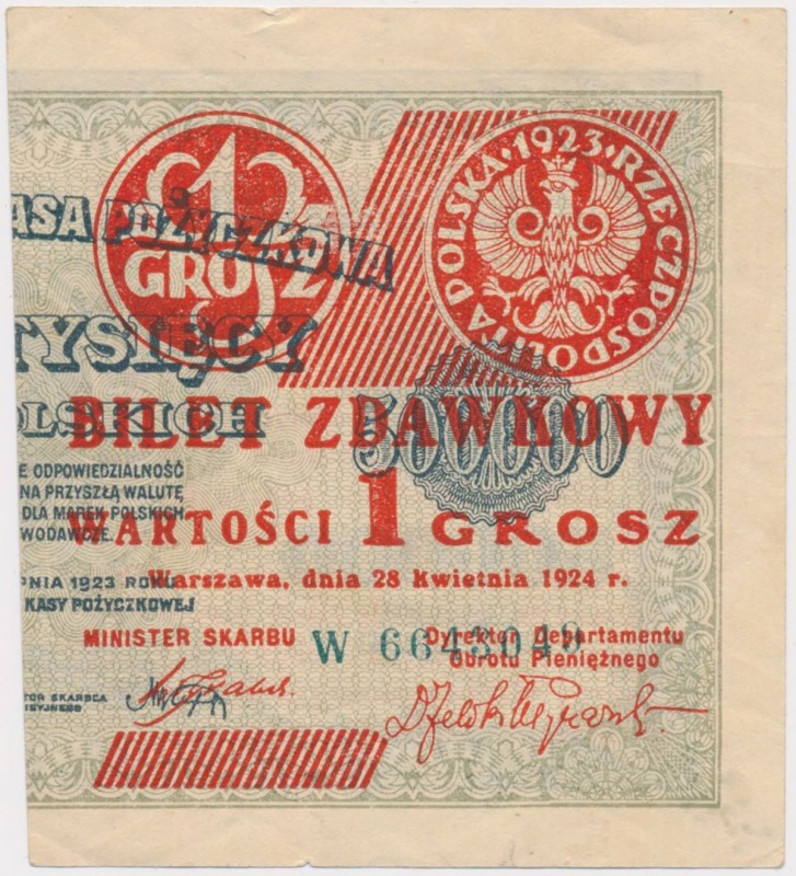 1 grosz 1924 - W - prawa połowa
 Lekkie ugięcie. Zabrudzenie na rewersie. Rzadk...