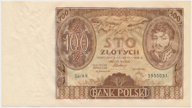 100 złotych 1932 - Ser.AN - dwie kreski w znaku wodnym
 Lekko ugięty centralnie...